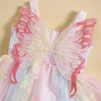 Летние Платья для маленьких девочек с крыльями бабочки, платье без рукавов на бретельках, радужное платье принцессы-пачки, праздничный наряд